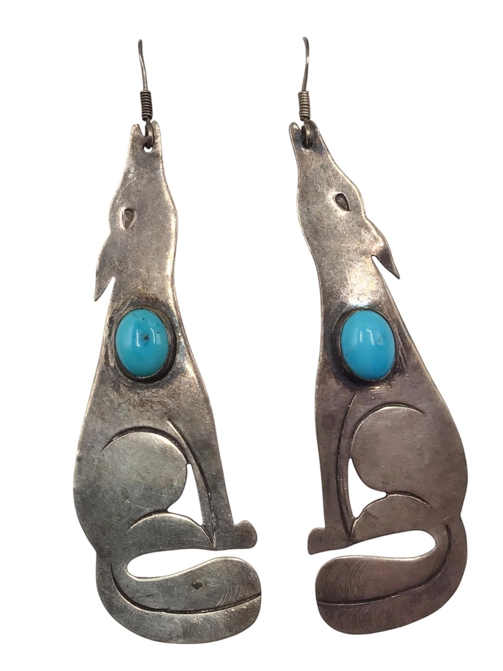 Vintage Sterling Silver Howling Coyote Turquoise Earrings, 3 3/8” Long Southwest
